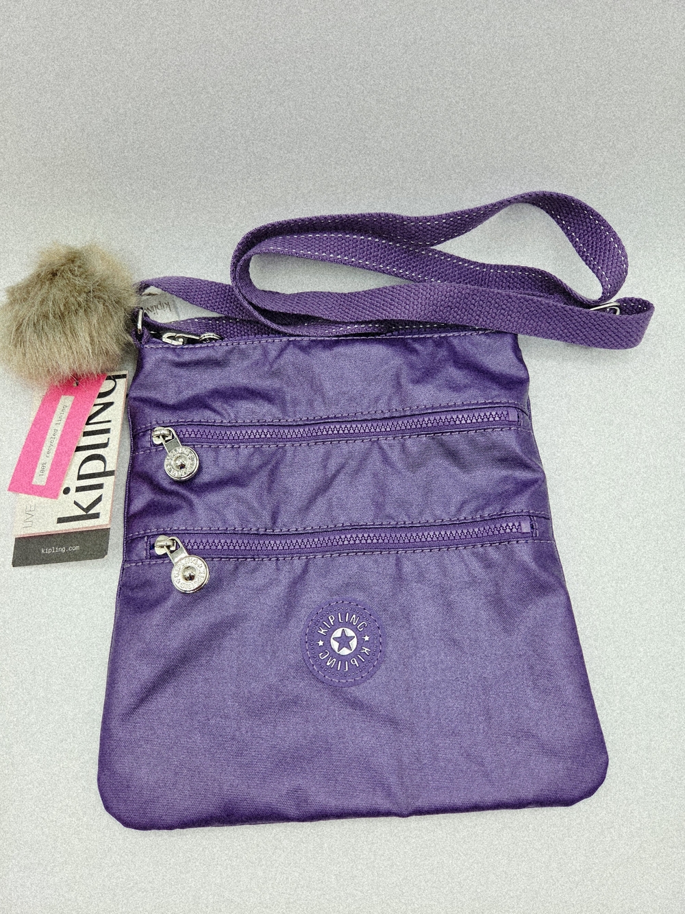 Kipling Purple Crossbody Bag with Pom Pom